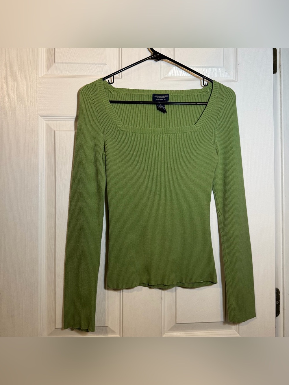 American Eagle Outfitters Olive Green Ribbed Square-Neck Long Sleeve Top